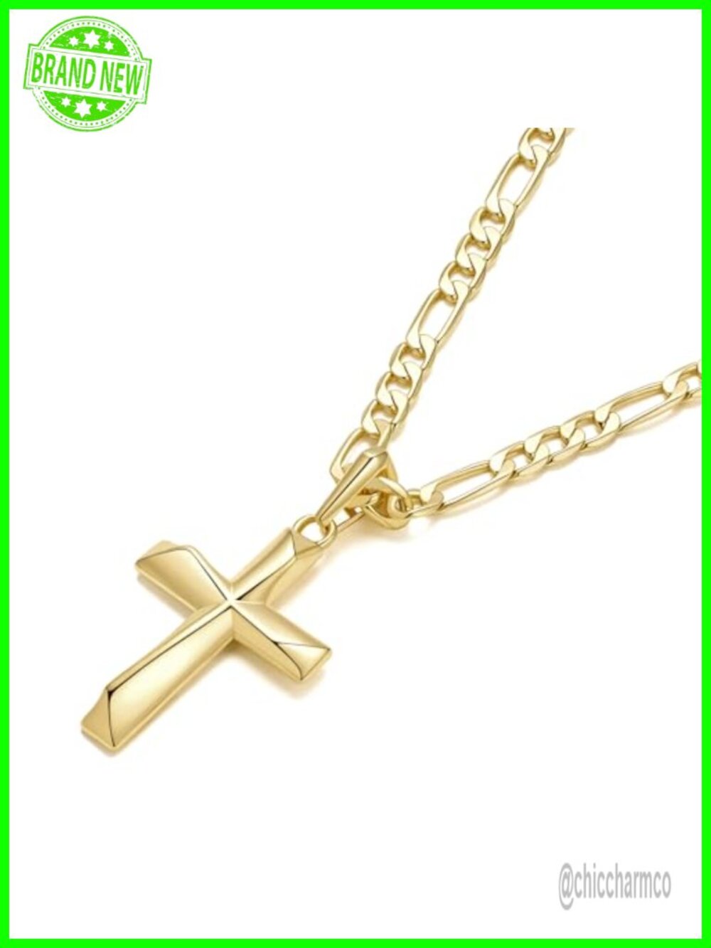 14k Gold Plated Cross Necklace Men Figaro Chain